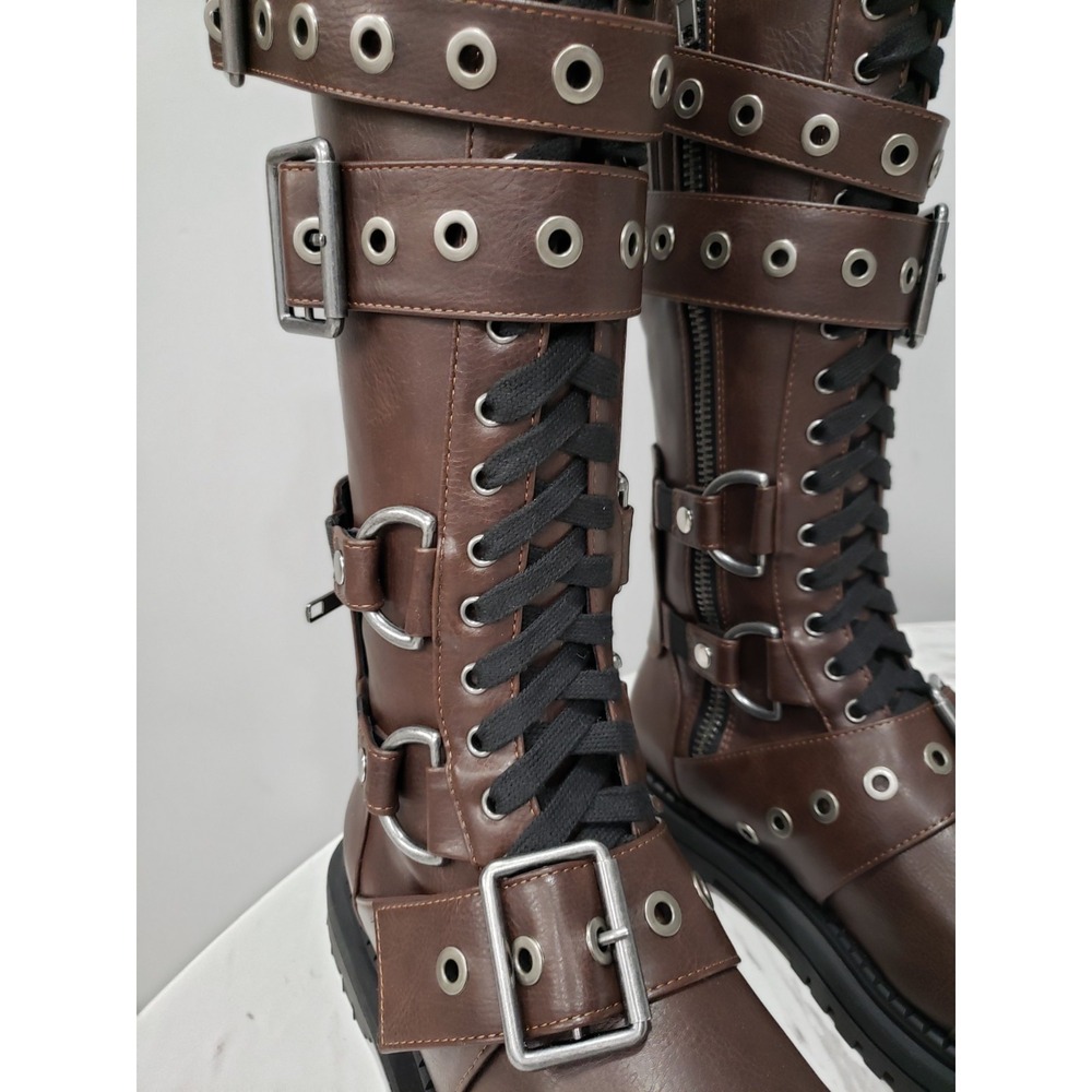 SIZE 9 Dolls Kill Club Exx COMBAT BOOTS STEAMPUNK cyberpunk gothic strappy brown - Picture 4 of 16